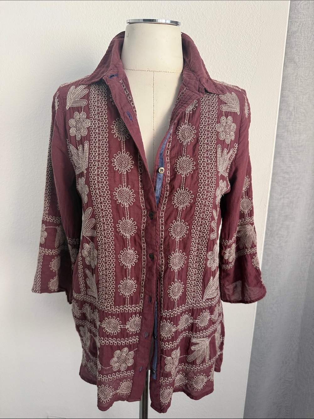 Johnny Was Embroidered Burgundy Bohemian Button-Up Tunic